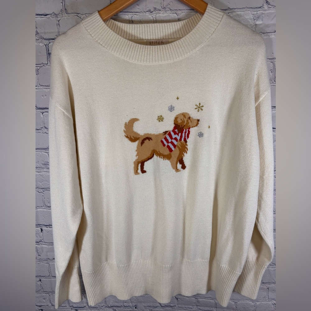 Stitch By Chenault Cream Whimsical Holiday Minimalist Golden Retriever Sweater L